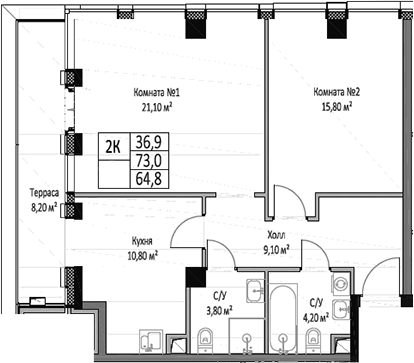 Планировка — ЭМОУШН, 2-комн., 65 м²