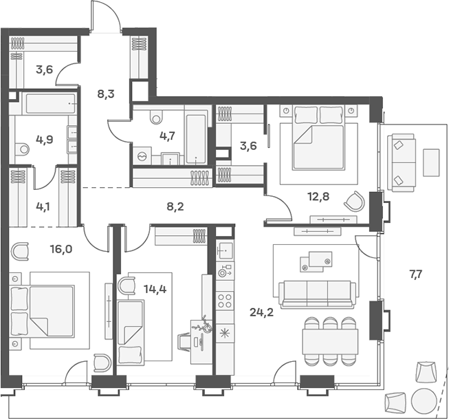 Планировка — PORTLAND, 4-комн., 127 м²