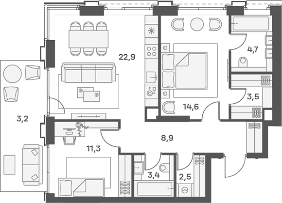 Планировка — PORTLAND, 3-комн., 72 м²
