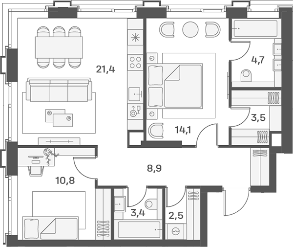 Планировка — PORTLAND, 3-комн., 69 м²
