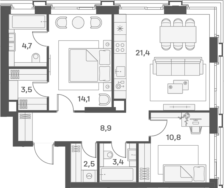Планировка — PORTLAND, 3-комн., 69 м²