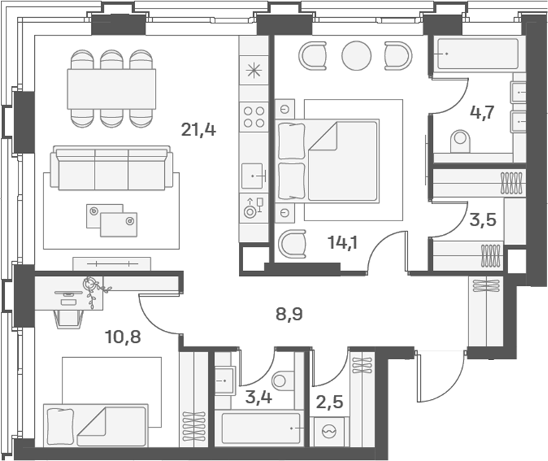 Планировка — PORTLAND, 3-комн., 69 м²