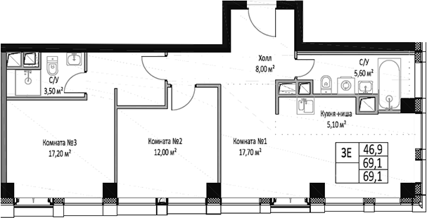 Планировка — ЭМОУШН, 3-комн., 69 м²