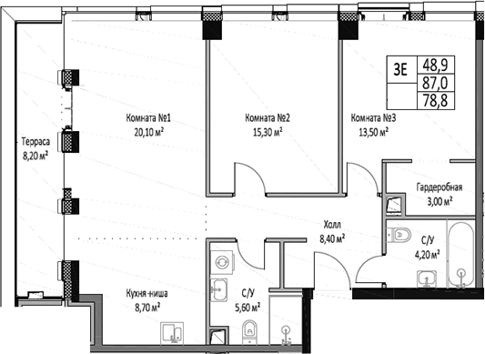 Планировка — ЭМОУШН, 3-комн., 79 м²