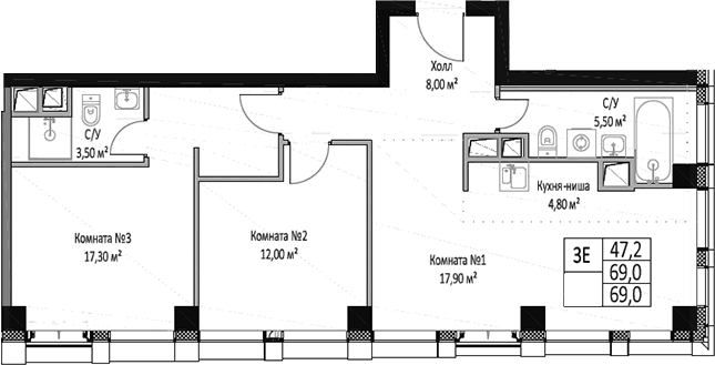 Планировка — ЭМОУШН, 3-комн., 69 м²