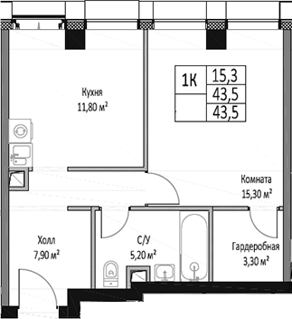 Планировка — ЭМОУШН, 1-комн., 44 м²