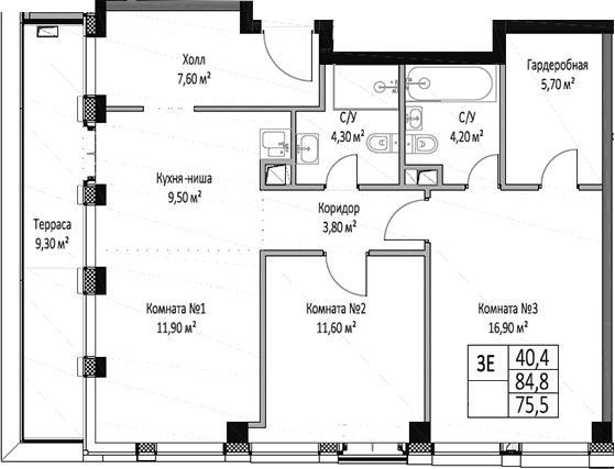 Планировка — ЭМОУШН, 3-комн., 76 м²