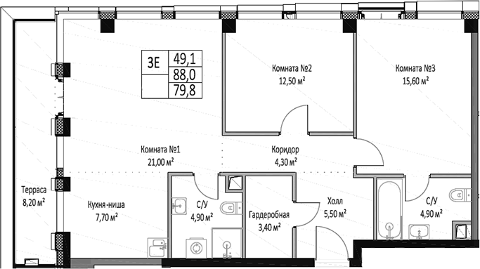 Планировка — ЭМОУШН, 3-комн., 80 м²