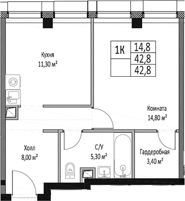 Планировка — ЭМОУШН, 1-комн., 43 м²