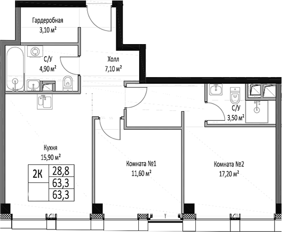 Планировка — ЭМОУШН, 2-комн., 63 м²
