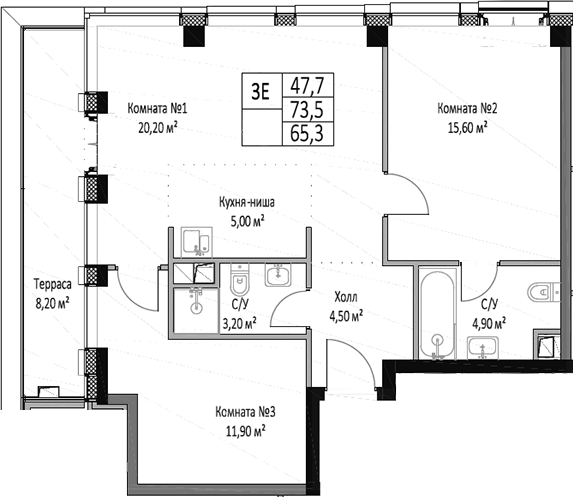 Планировка — ЭМОУШН, 3-комн., 65 м²