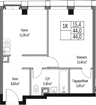 Планировка — ЭМОУШН, 1-комн., 44 м²