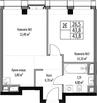Планировка — ЭМОУШН, 2-комн., 44 м²