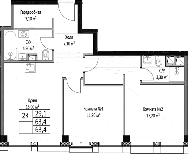 Планировка — ЭМОУШН, 2-комн., 63 м²