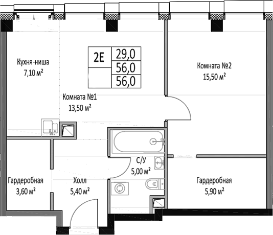 Планировка — ЭМОУШН, 2-комн., 56 м²
