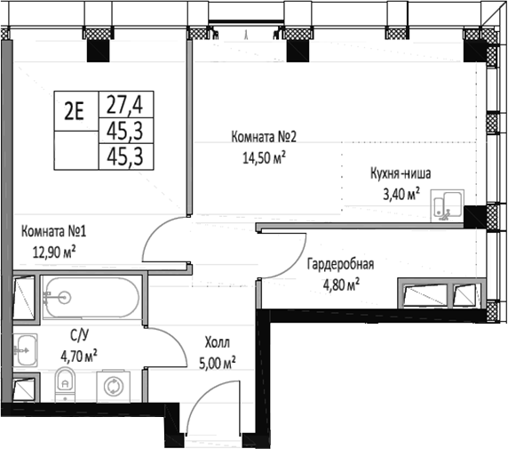 Планировка — ЭМОУШН, 2-комн., 45 м²