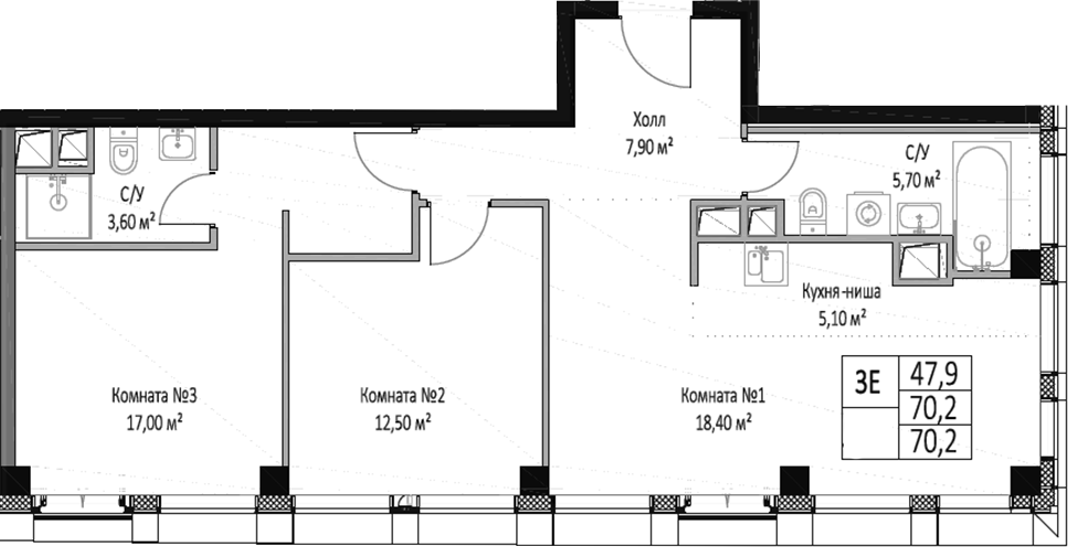 Планировка — ЭМОУШН, 3-комн., 70 м²