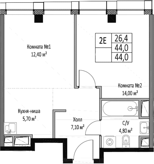 Планировка — ЭМОУШН, 2-комн., 44 м²