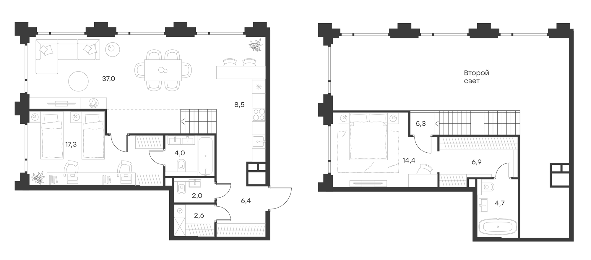 Планировка — Левел Бауманская, 3-комн., 76 м²