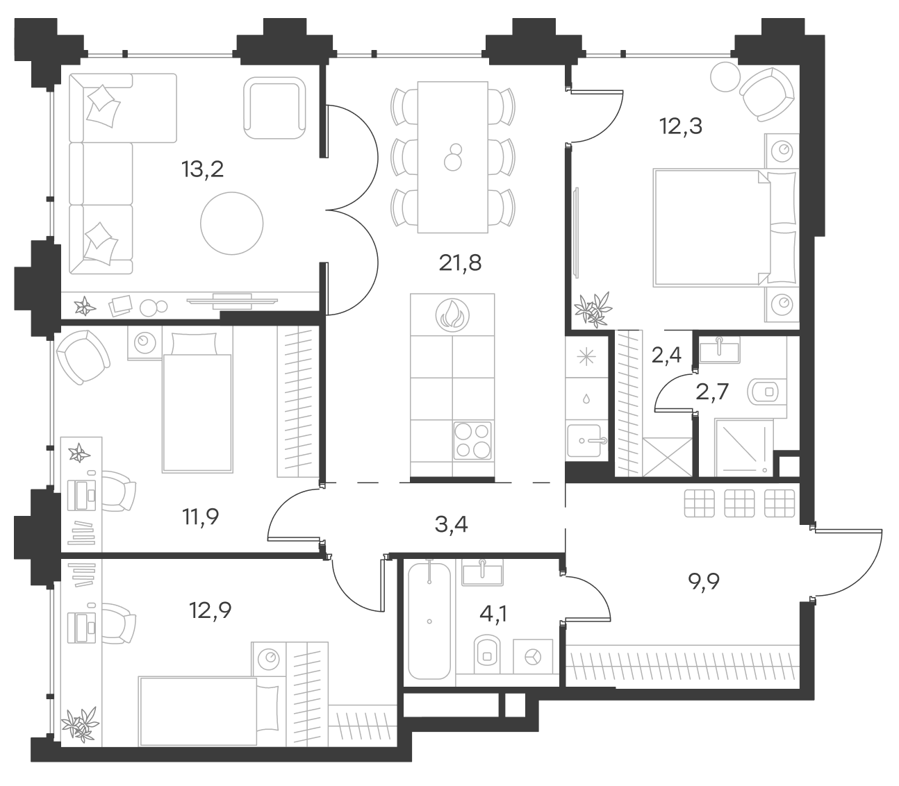 Планировка — Левел Бауманская, 4-комн., 95 м²