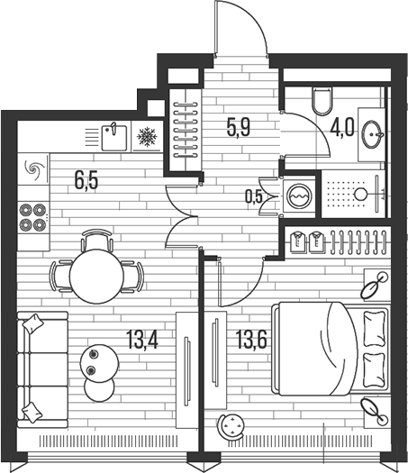 Планировка — Хай Лайф, 2-комн., 44 м²