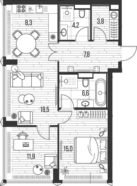 Планировка — Хай Лайф, 3-комн., 76 м²