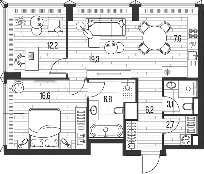 Планировка — Хай Лайф, 3-комн., 75 м²