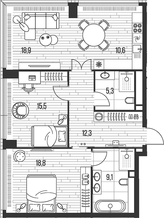 Планировка — Хай Лайф, 3-комн., 91 м²