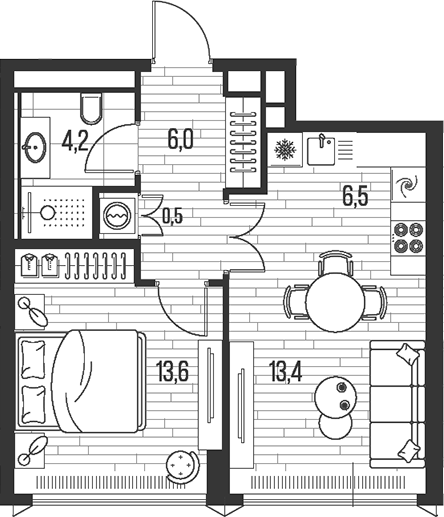 Планировка — Хай Лайф, 2-комн., 44 м²