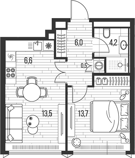 Планировка — Хай Лайф, 2-комн., 45 м²