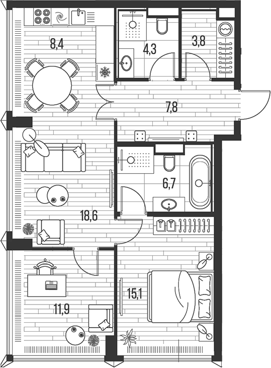 Планировка — Хай Лайф, 3-комн., 77 м²