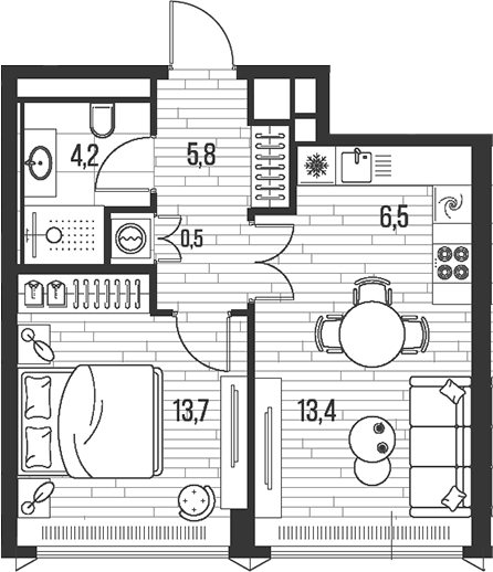 Планировка — Хай Лайф, 2-комн., 44 м²