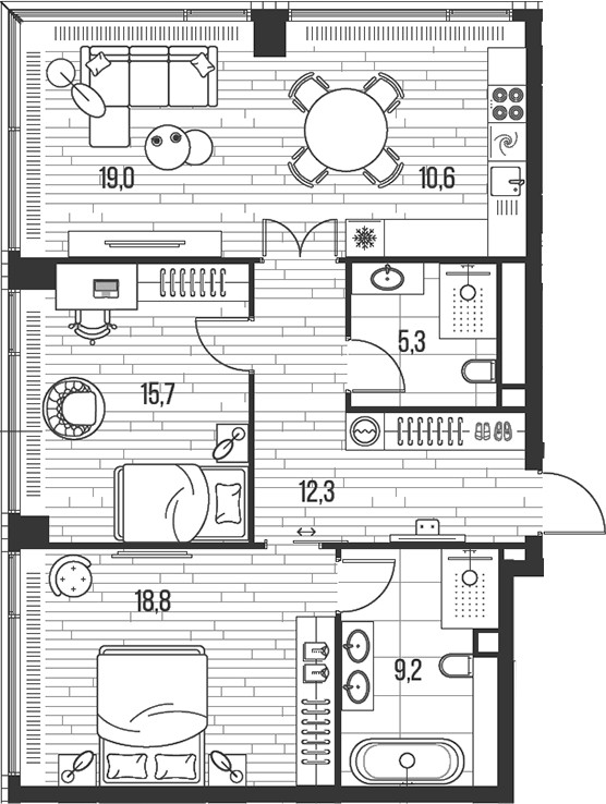 Планировка — Хай Лайф, 3-комн., 91 м²