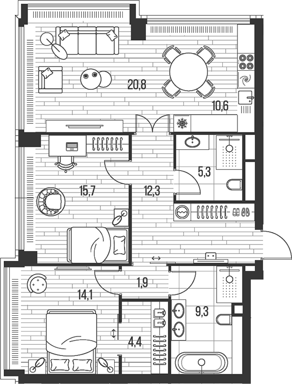 Планировка — Хай Лайф, 3-комн., 94 м²