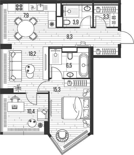 Планировка — Хай Лайф, 3-комн., 74 м²