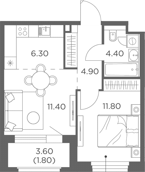 Планировка — Белый Град, 2-комн., 39 м²