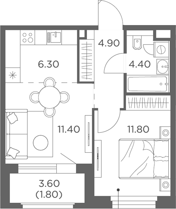 Планировка — Белый Град, 2-комн., 39 м²