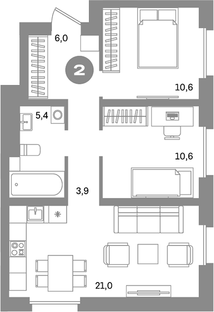 Планировка — Метроном, 2-комн., 58 м²