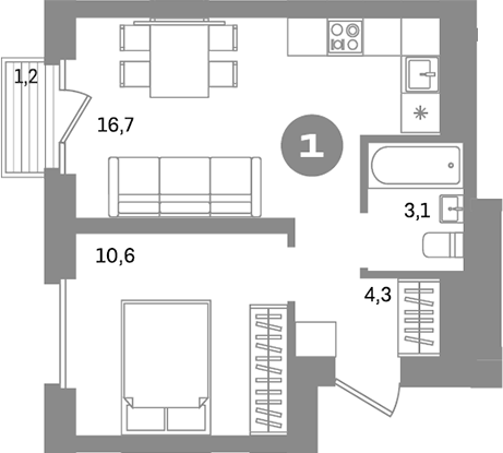 Планировка — Метроном, 1-комн., 35 м²