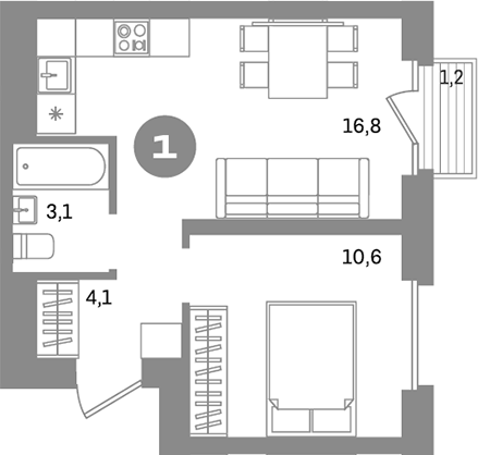 Планировка — Метроном, 1-комн., 35 м²