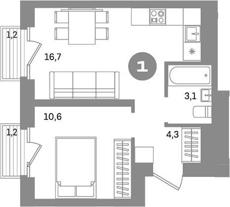 Планировка — Метроном, 1-комн., 35 м²