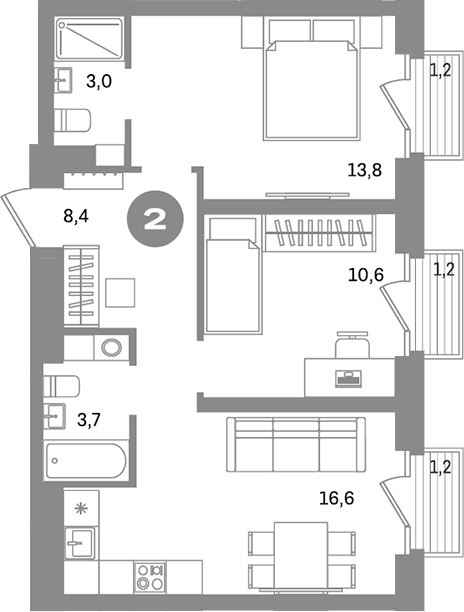 Планировка — Метроном, 2-комн., 56 м²