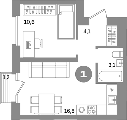 Планировка — Метроном, 1-комн., 35 м²