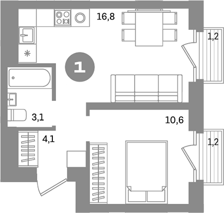 Планировка — Метроном, 1-комн., 35 м²
