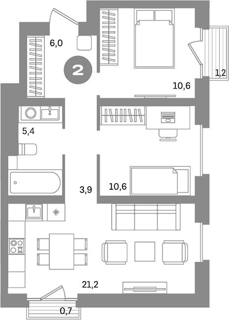 Планировка — Метроном, 2-комн., 58 м²