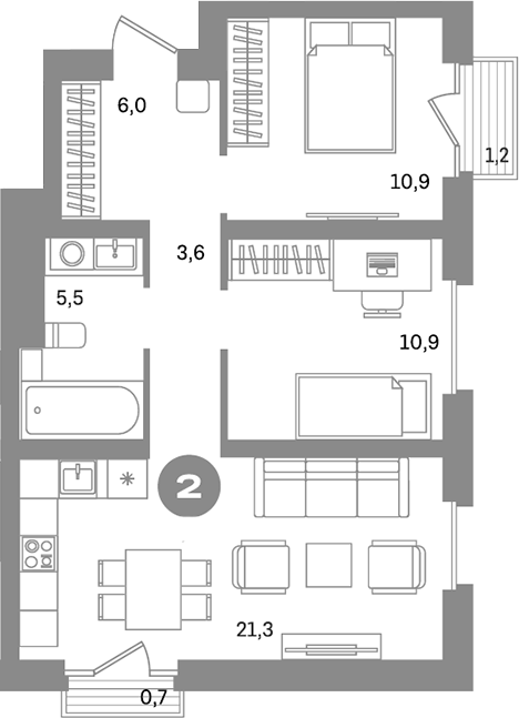 Планировка — Метроном, 2-комн., 58 м²