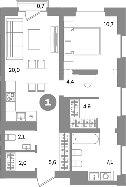 Планировка — Метроном, 1-комн., 56 м²