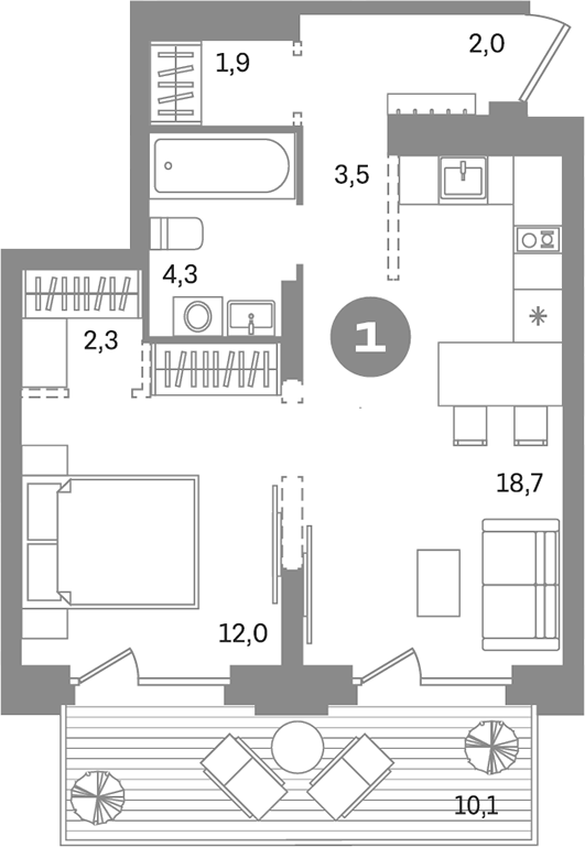Планировка — Метроном, 1-комн., 45 м²