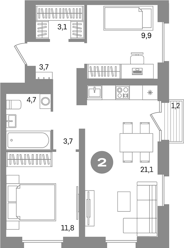 Планировка — Метроном, 2-комн., 57 м²
