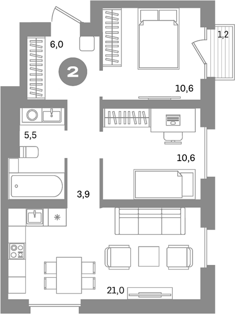 Планировка — Метроном, 2-комн., 58 м²